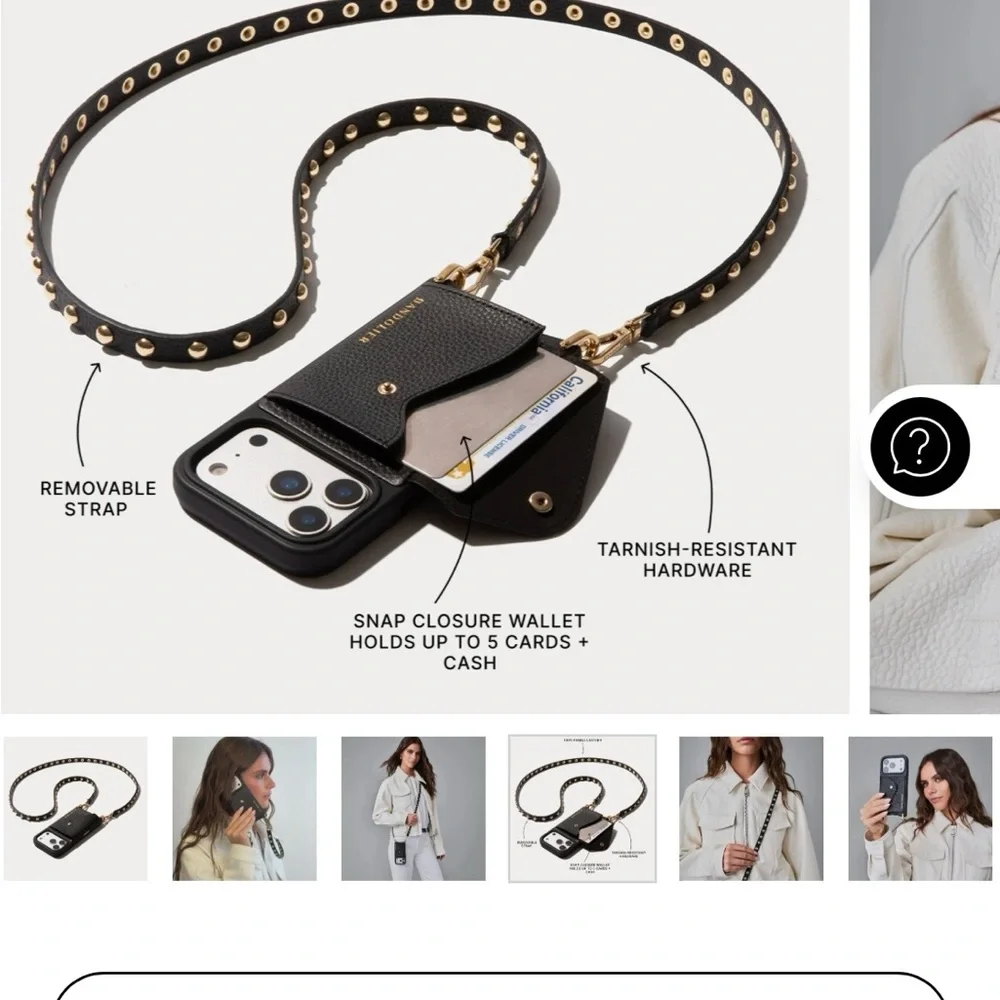 16 Pro Bandolier Black Leather Crossbody Phone Case with Gold Stud Strap